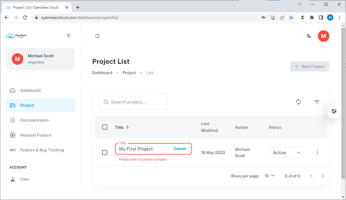 OpenSees Cloud New Project