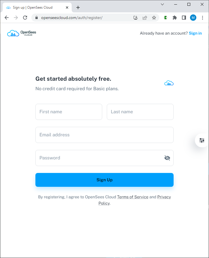 OpenSees Cloud Sign Up
